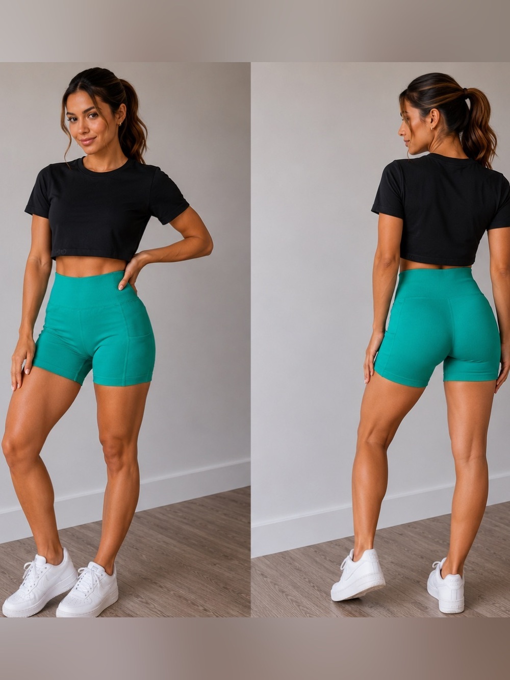 NWT OQQ Cropped Black Crewneck Tee & Teal Green Biker Shorts, Large